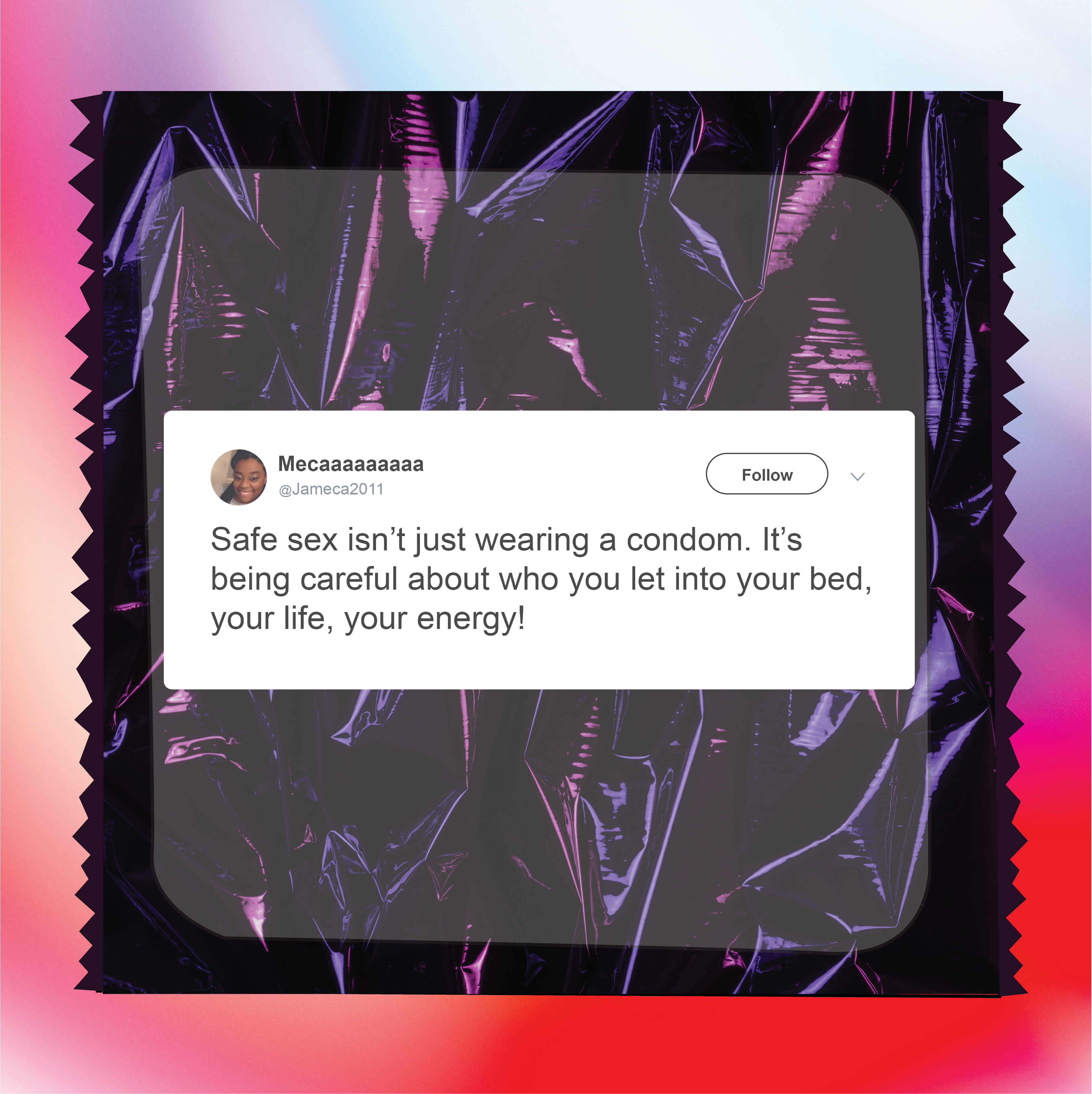 condom wrapper with tweet overlay