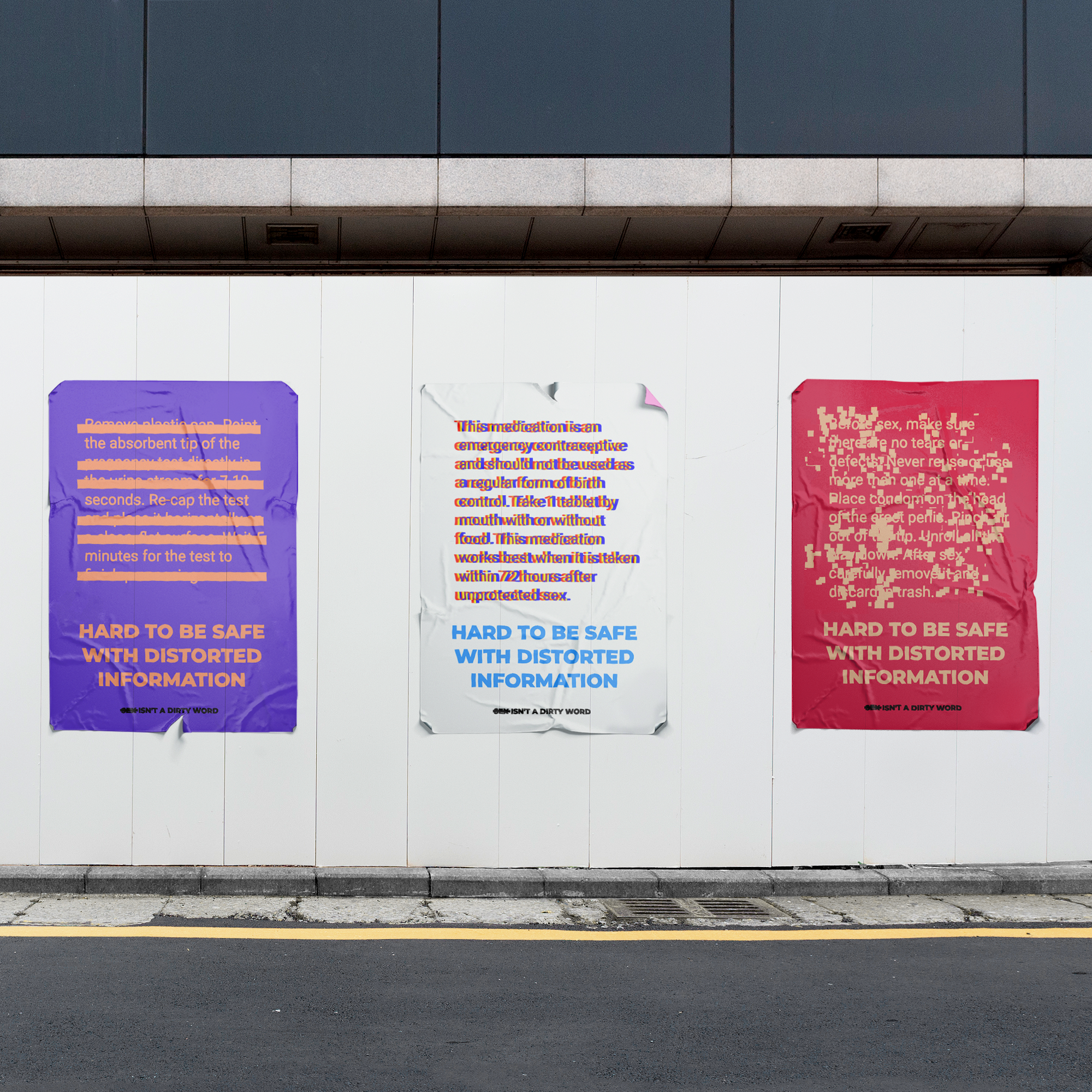 mockup of three distorted posters on wall